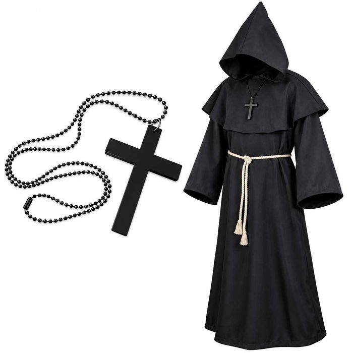 Przebranie Mnicha Halloween Habit Kaptur Krzyż Sznur 130 cm