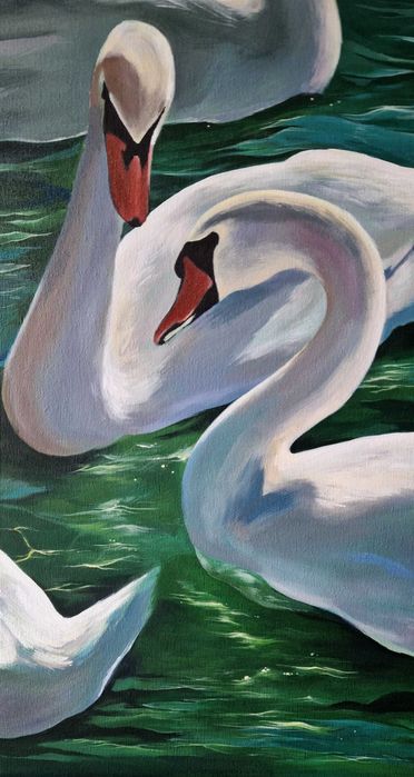 Białe łabędzie, duży obraz do salonu, ręcznie malowany 60x80cm