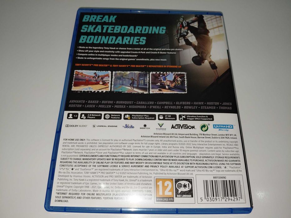 ps5 TONY HAWKS PRO SKATER 1+2 remaster 2 gry na płycie deskorolka