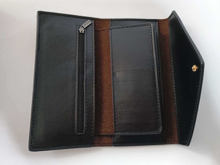 Czarny portfel, skóra ekologiczna, 19 x 9, dużo przegródek