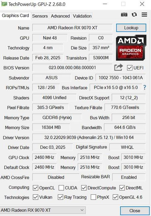 RX 9070 XT Asus Prime OC, 16Gb VRAM