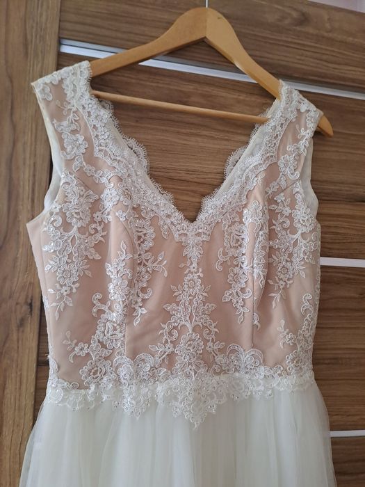 Suknia ślubna L, duży biust 160 cm koronka, tiul