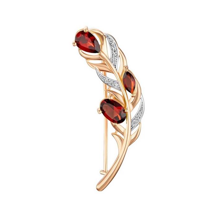 Брошка з червоного золота з гранатами, фіанітами та родіюванням (нова)