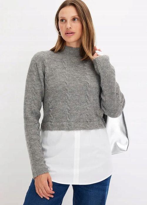 B.P.C sweter dzianinowy szary 2w1 ze wstawką koszulową 44/46.