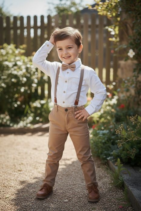 Elegancki komplet chłopięcy 9 lat | beżowy | koszula + spodnie + mucha
