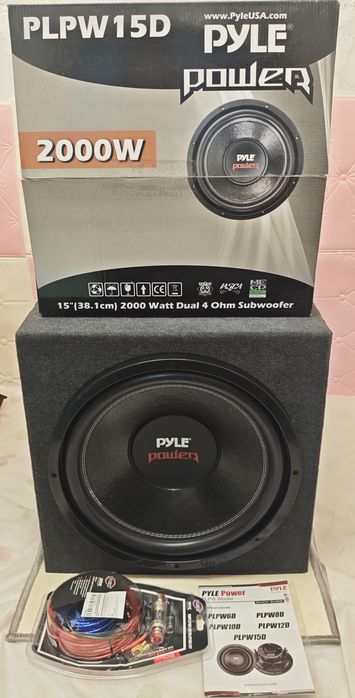 Subwoofer 15 polegadas com amplificador + cablagem, NOVO