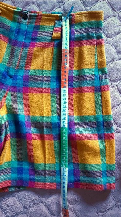 Fato xadrez vintage, casaco + saia + calções + cinto