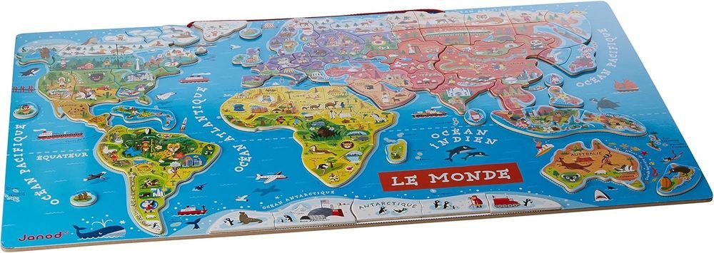 Janod, Drewniane Puzzle Mapa Świata Magnetyczna, 92 magnesy - 70x43 cm