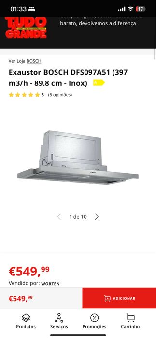 Exaustor BOSCH DFS097A51 (397 m3/h - 89.8 cm - Inox) ( NOVO)