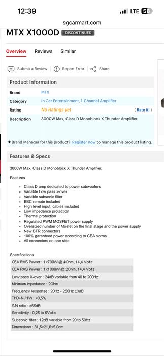 Продам усилитель моноблок MTX X1000D