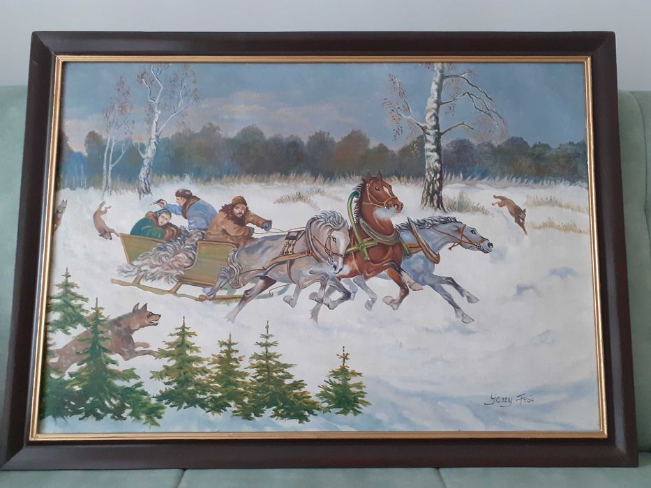 Duży obraz Jerzy Fras- Walka z wilkami r. 1983 . GDAŃSK