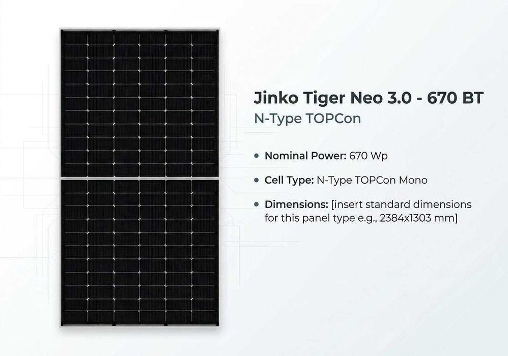 Сонячна панель Jinko Tiger Neo 3.0 670W N-Type TOPCon (Нові / Опт і Роздріб)