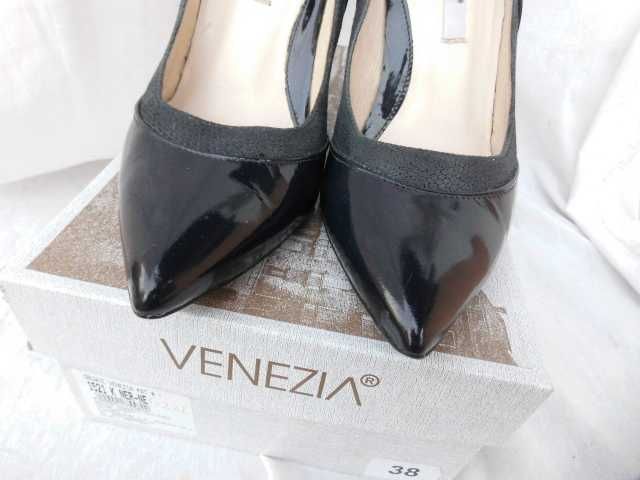 Venezia granatowe skórzane lakierki szpilki szpic 38