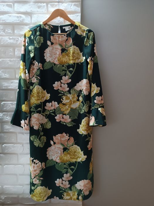 Elegancka sukienka hm 38M kwiaty butelkowa zieleń długie rękawy