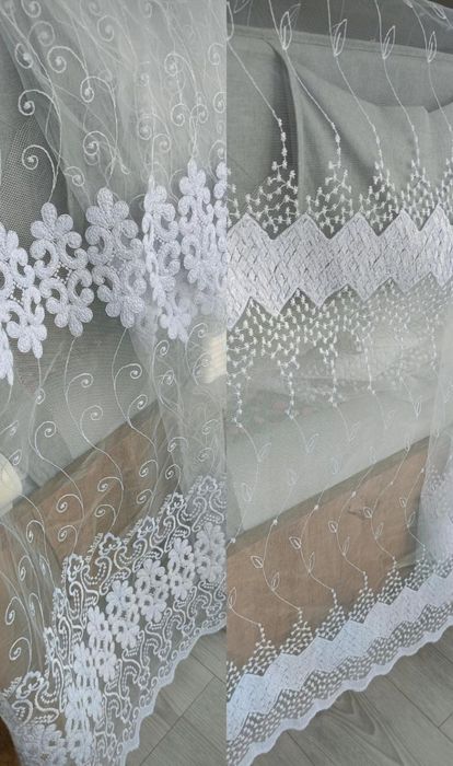 2 firanki długie gotowe na taśmie marszcoznej z mieniaca nitka