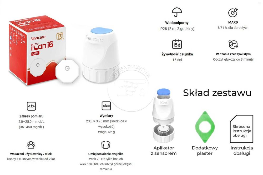 4 x Sensor CGM/15 Dni – SINOCARE iCan i6 + Aplikator + PLASTER + Gazik
