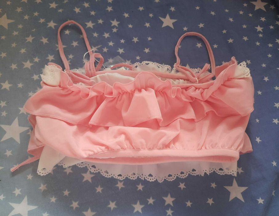 Рожевий роздільний купальник з мереживом і сердечками