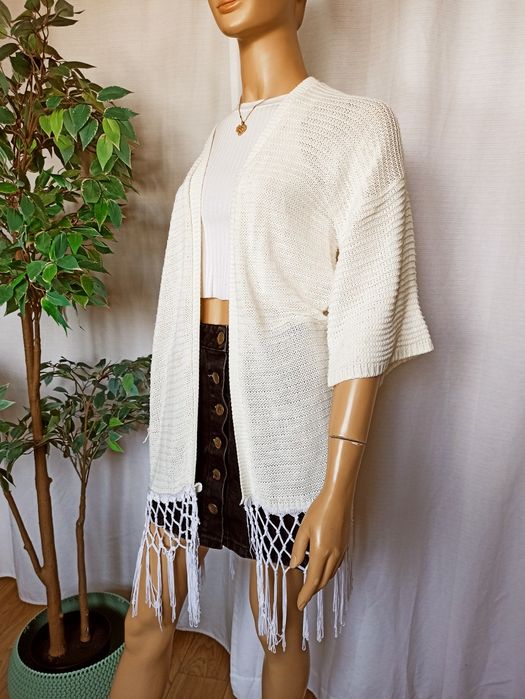 Sg Śmietankowy długi sweter kardigan 36 , 38 S oversize narzutka z frędzlami 36 , 38 S M