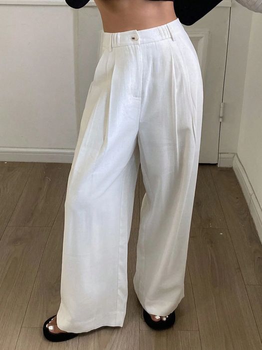 Spodnie damskie lniane beżowe wide leg wysoki stan eleganckie letnie