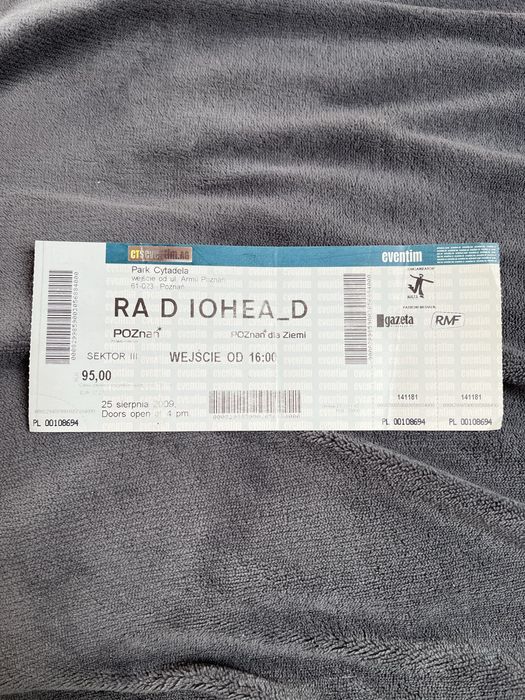 Stary bilet na koncert Radiohead w Poznaniu 25.08.2009 rok