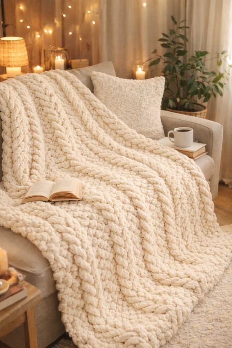 Мягкий вязаный плед ручной работы