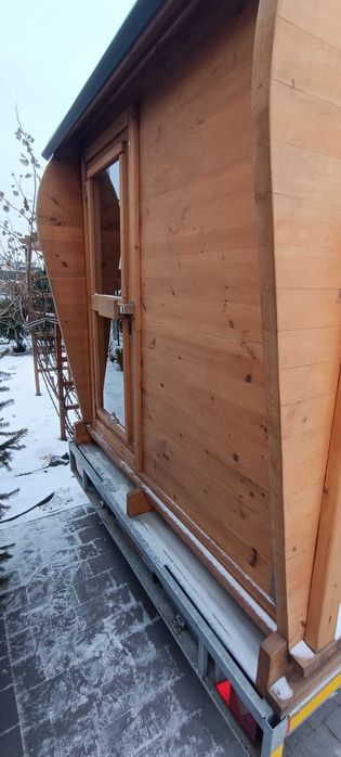 Sauna Mobilna, świerk syberyjski, piec na drewno i elektryczny
