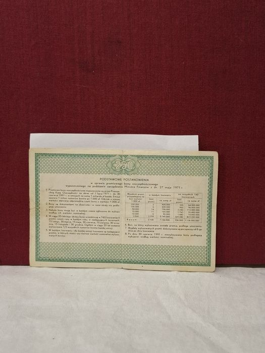Premiowy Bon Oszczędnościowy 250zł z 1971r