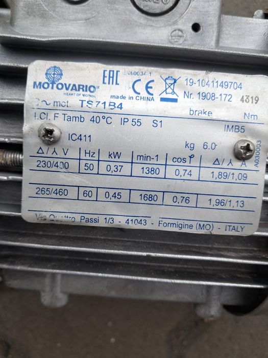 Okazja motoreduktor z regulacją 0.37kw od 16 do 120obr