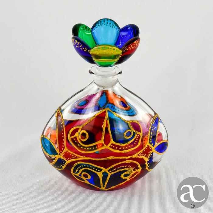 Frasco perfume vidro de Murano, pintado à mão, rolha em forma de flor