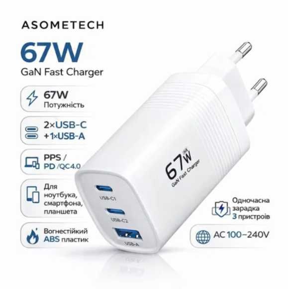 ASOMETECH 67 W GaN Charger 2C+1A зарядний пристрій PPS PD QC 4.0