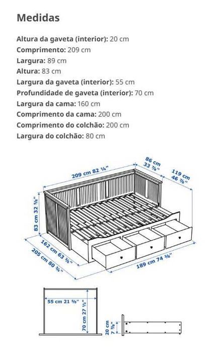 Cama de solteiro/casal com 3 gavetas HEMNES/branco