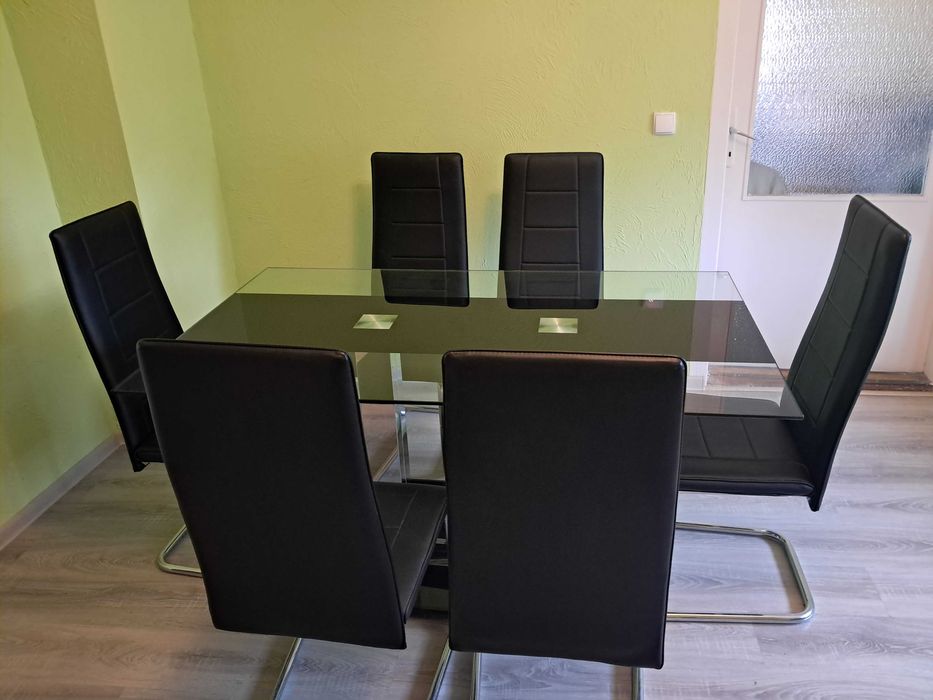 Nowoczesny stół szklany + 6 krzeseł – komplet do jadalni/salonu