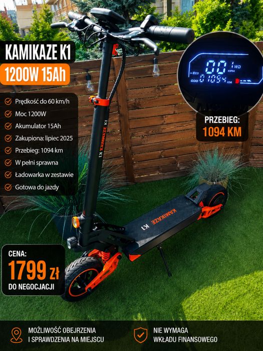Kamikaze K1 1200W 15Ah | 60 km/h | 1094 km | Stan bdb | 1799 zł