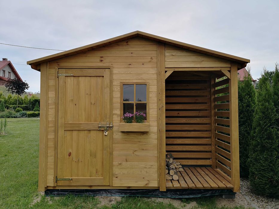 Domek narzędziowy 2 x 1,1m z  drewutnią 1,14 x 1,1m z dachem prostym
