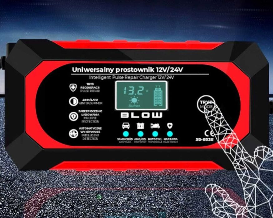 Prostownik AUTOMATYCZNY 12V 24V LCD Szybkie Ładowanie Tryb Naprawy