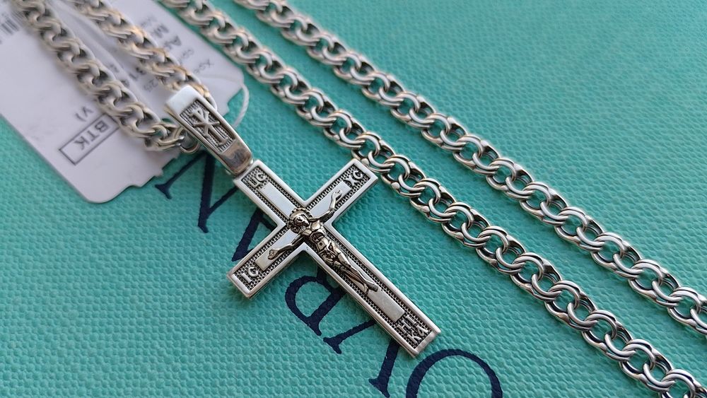 Комплект! Серебряная цепочка + крестик 4 см бисмарк 40 (45 50 55 60)см