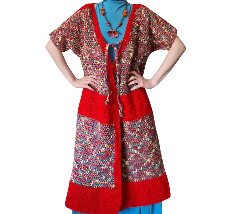 Wełniany handmade kardigan długi sweter tęczowa  narzutka
