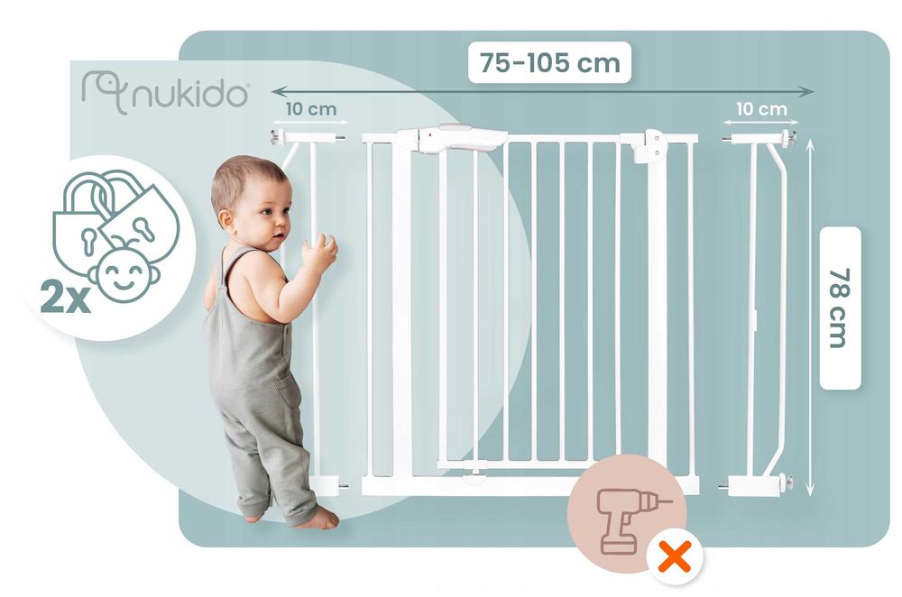 Bramka zabezpieczająca Dla Dzieci Nukido rozporowa 75–105 cm Na schody