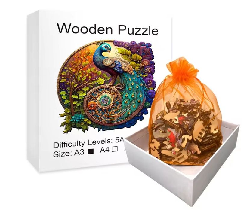 Пазл дерев'яний формат А4-5 Слон Вовк Лисиця Павлін