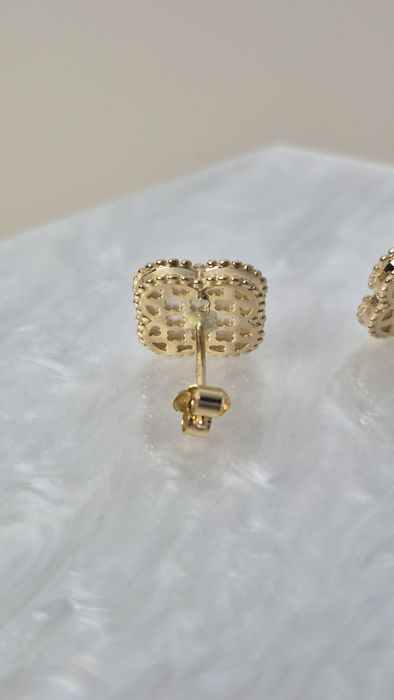 Nowe złote kolczyki typu VanCleef koniczynka masa perłowa wkręty 585