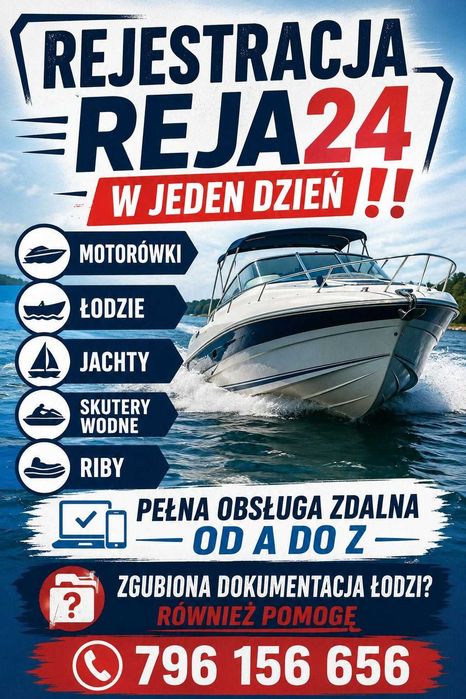 REJA 24 - Rejestracja w 1 dzień - łódka, motorówka, łódź, skuter wodny, rib, jacht