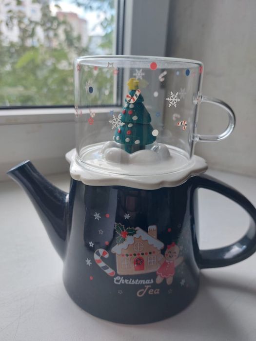 новорічна кружка з чайником 500ml+250ml