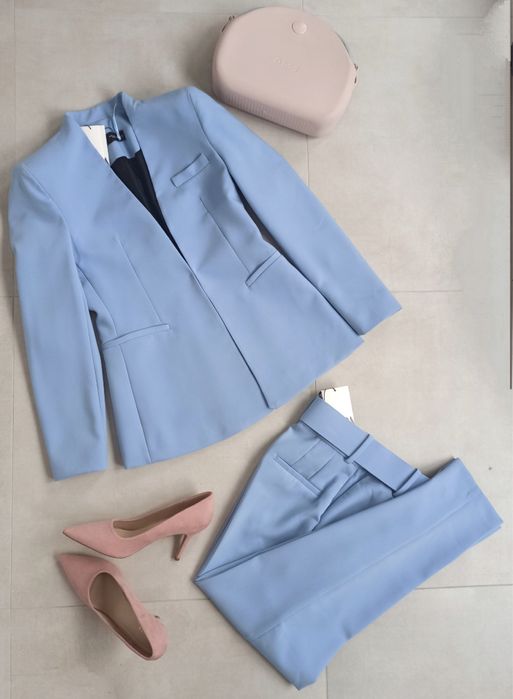 Niebieski jasnoniebieski garnitur spodnie + marynarka XS S ZARA