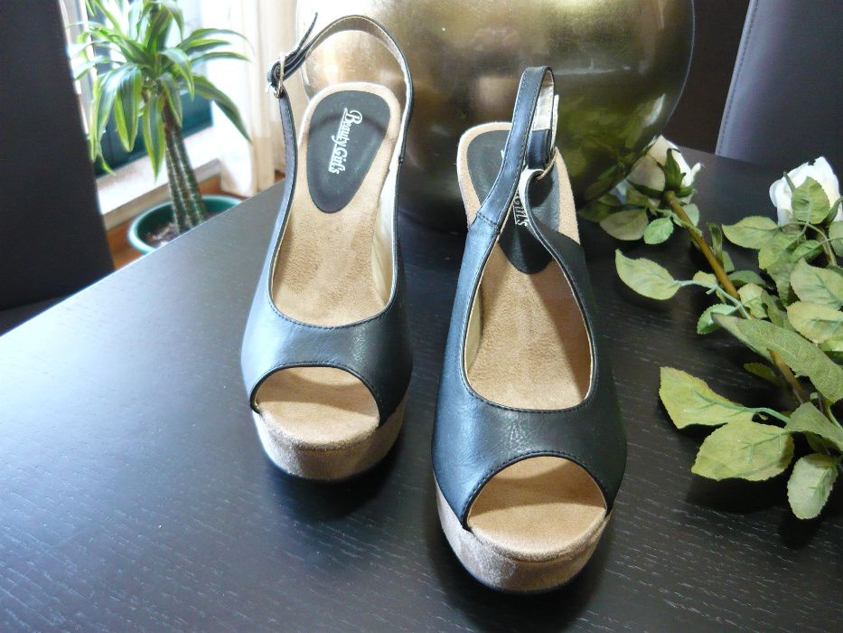 Sandálias de senhora - Pele/Nobuco - Preto/Beje - Novas