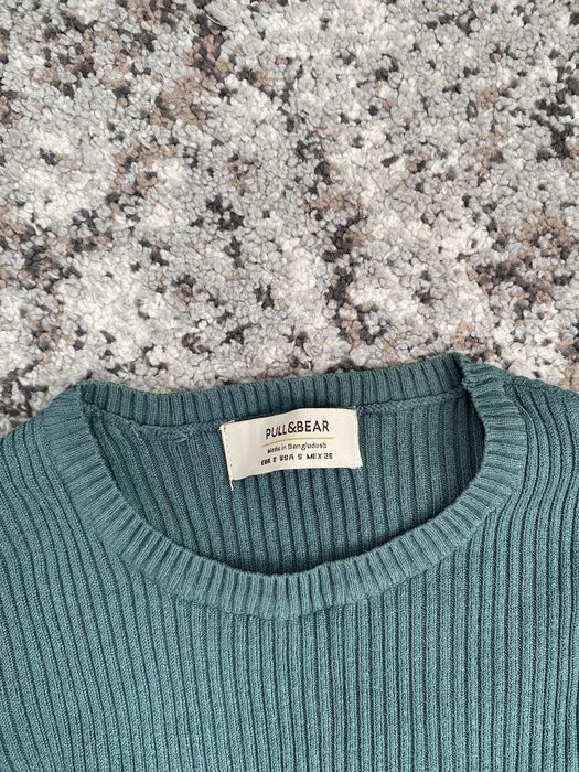 Зелений / бірюзовий лонгслів в рубчик Pull&Bear зі смугастими манжетами