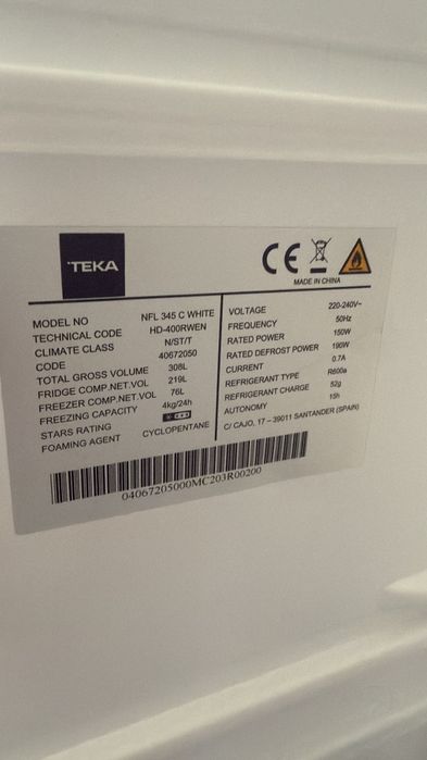 Frigorífico Combinado Teka NFL 345 C Branco (308L) – Impecável