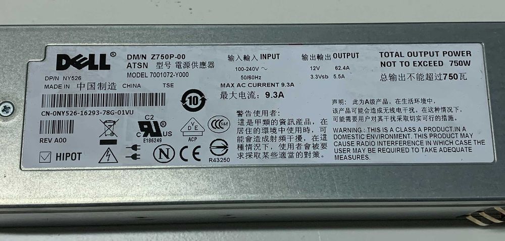 Fonte de alimentação Dell 12v - 62,4 amp