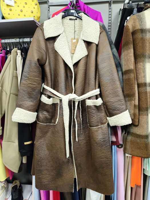 Kożuch eko długi brązowy czekolada r. Uni Plus Size, Italy !!!