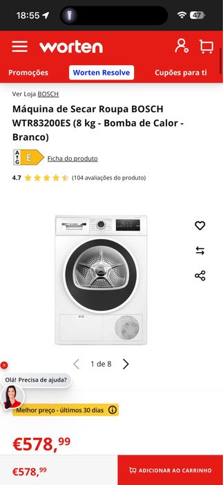 Máquina de Secar Roupa BOSCH WTR83200ES (8 kg - Bomba de Calor