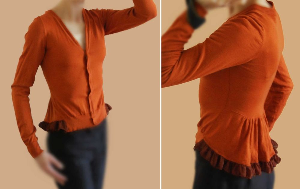 Burberry kardigan damski S XS wełna merino jedwab miedziany rudy brąz